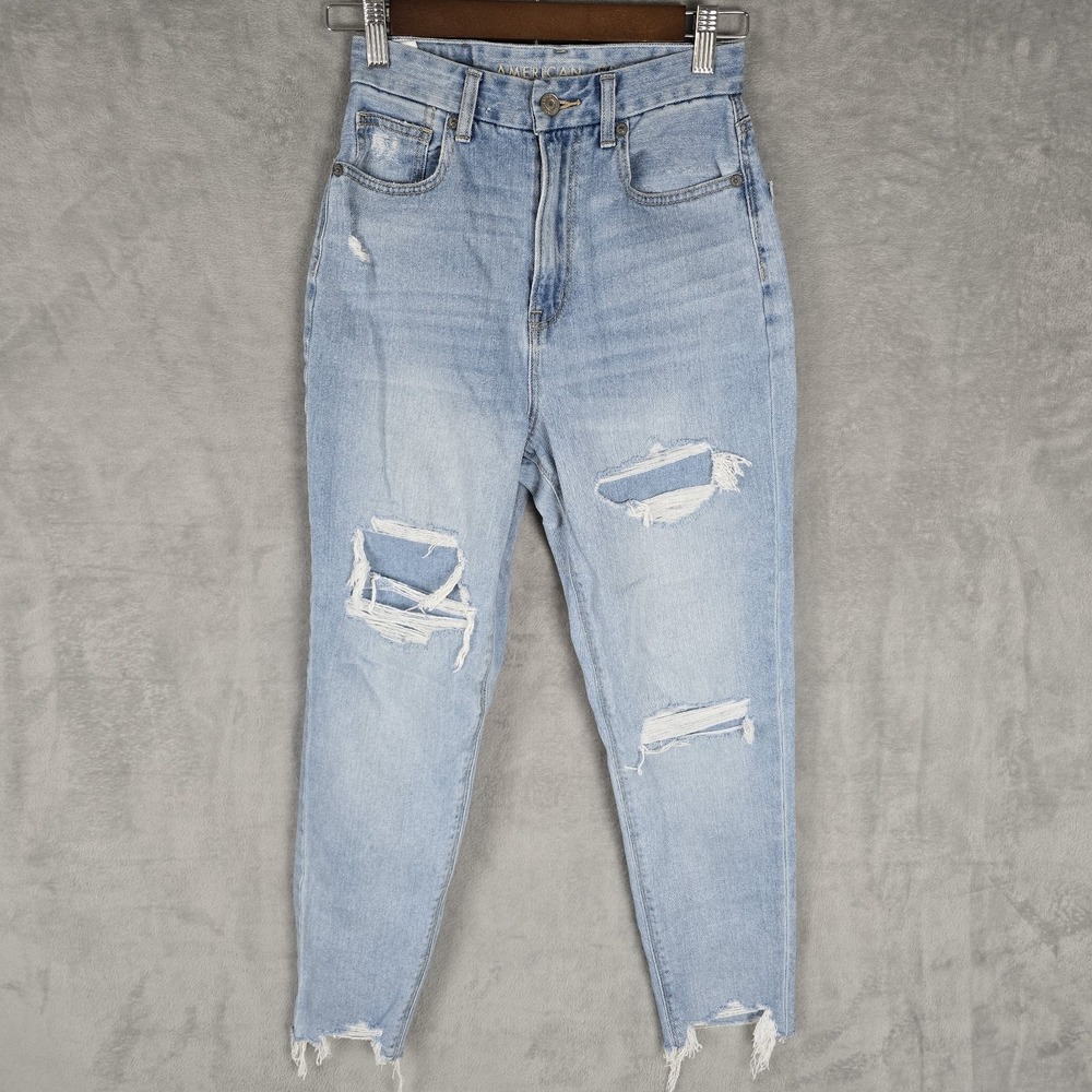 American Eagle Curvy Mom Jeans Light Wash Distressed Raw Hem Size 00 Regular